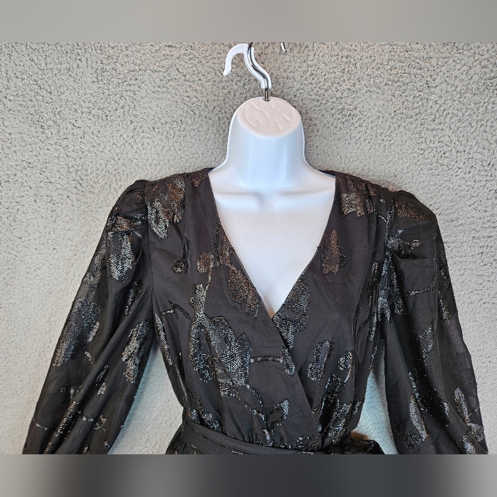 Blu Pepper Womens Black With Shimmer Roses Chiffon Mini Dress Sz M Cocktail* - Picture 2 of 15